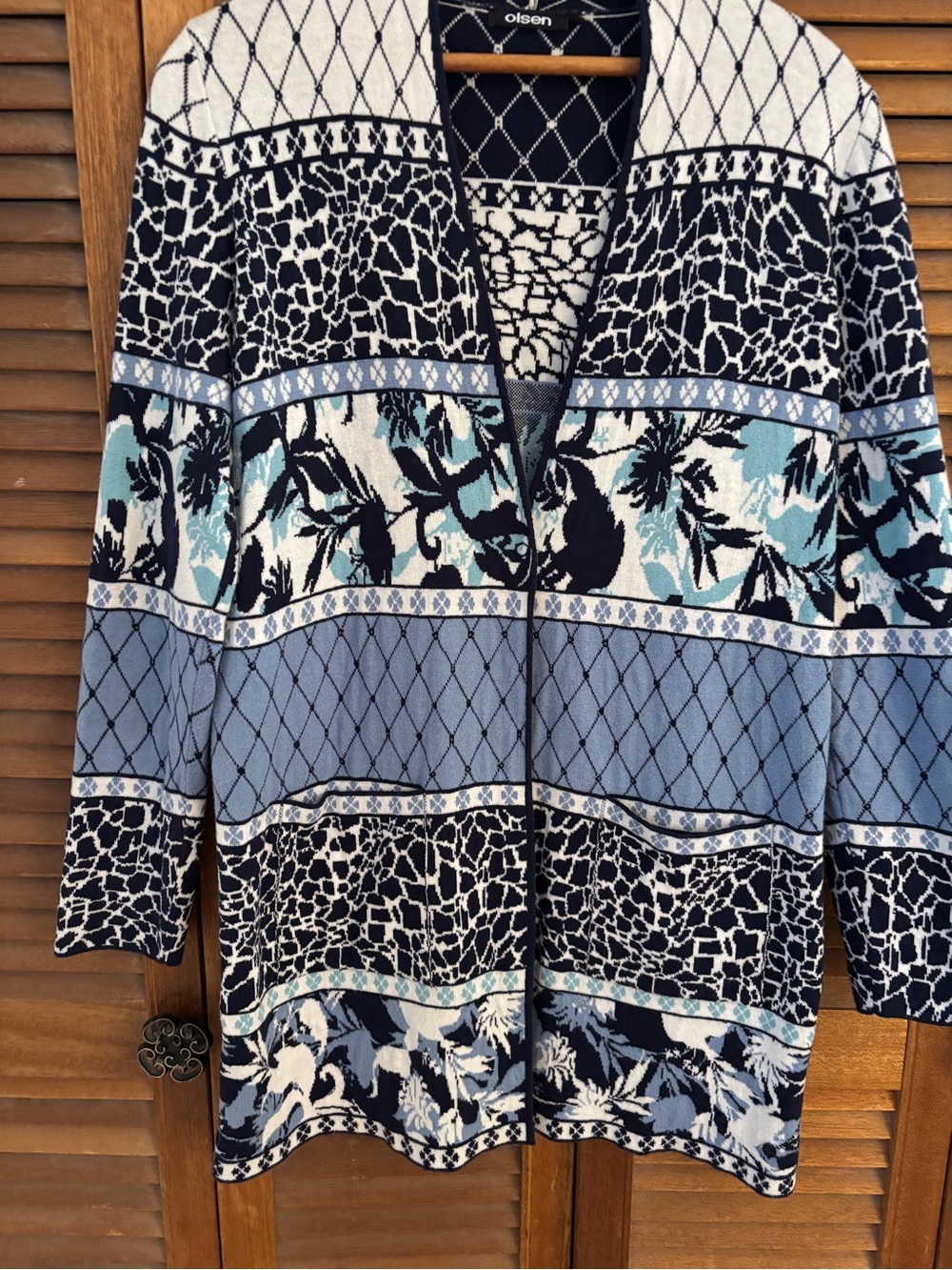 Olsen Navy and Light Blue Patterned Open Cardigan